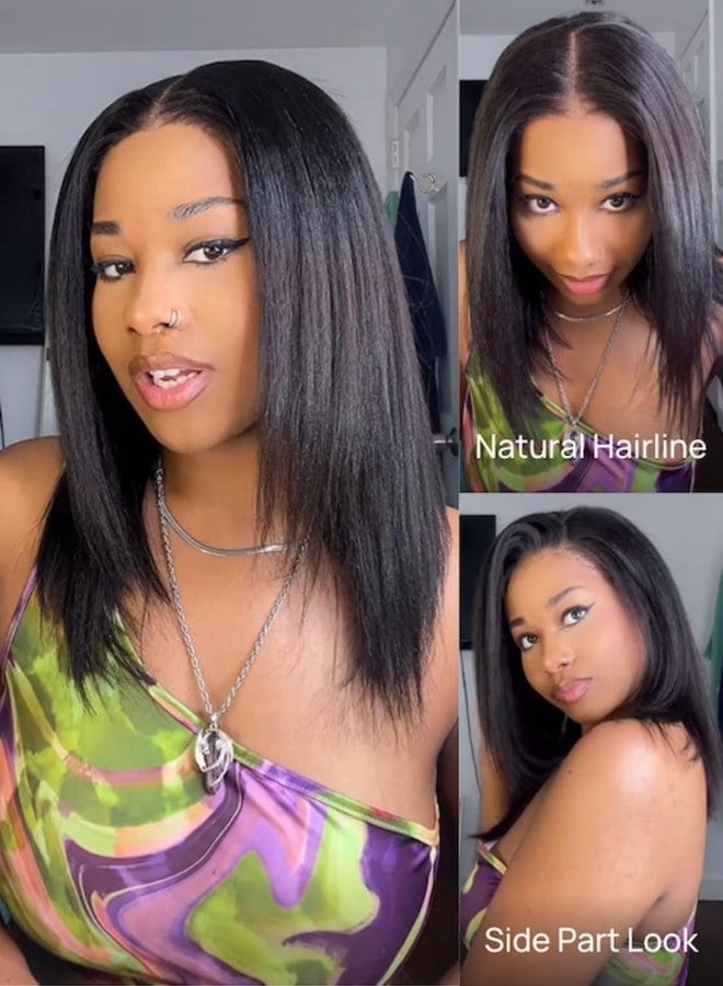 Nadula Yaki Straight Bob Drawstring Wig Human Hair Glueless Pre Cut 7x5 HD Bye Bye Knots Lace Front Wig Pre Plucked Invisible Knots Ready to Wear Short Light Yaki Bob Wigs 150% Density 10inch - Image 3